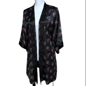 Victoria's Secret Angels Floral Black Satin Kimono Robe Belted Medium Large